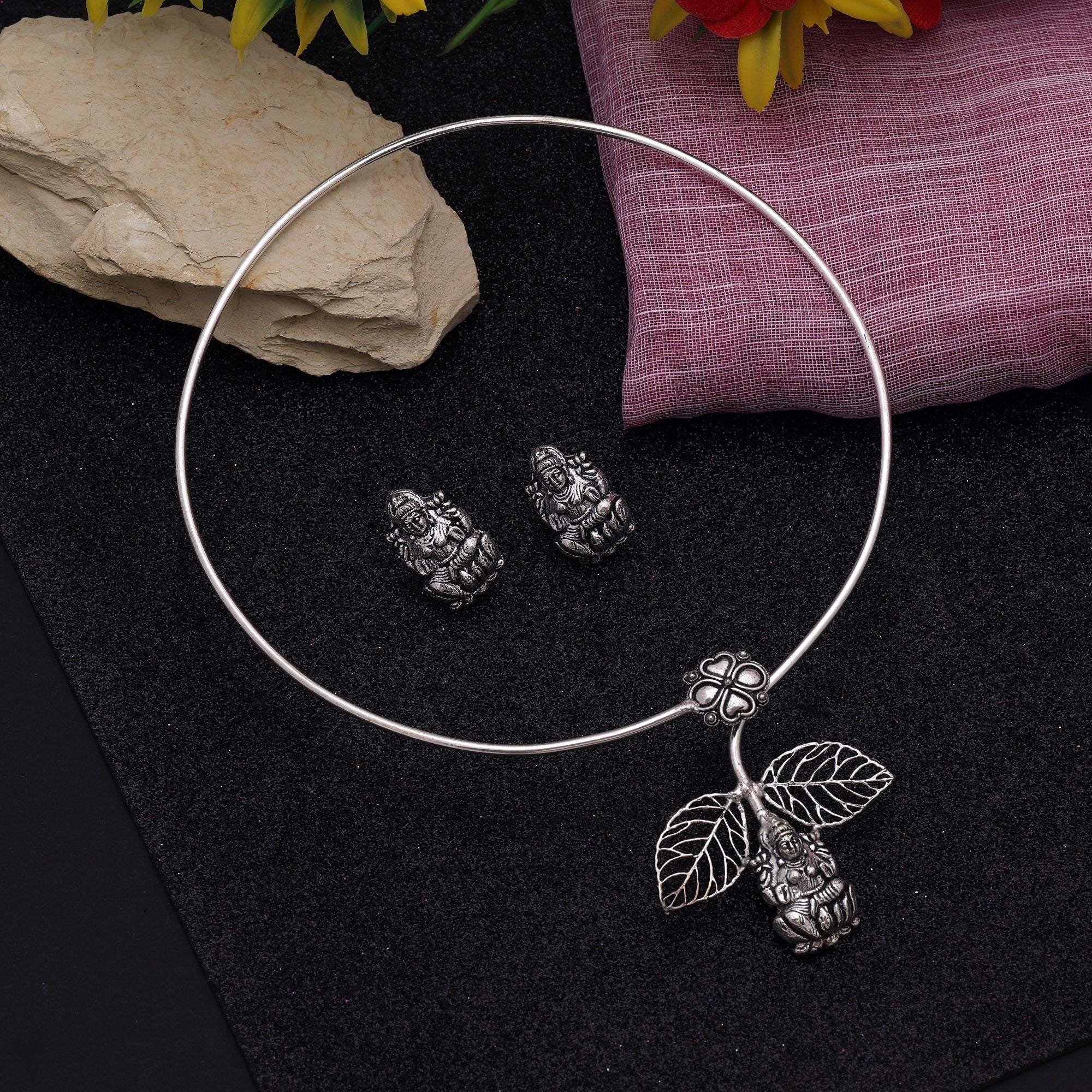 Silver Color Lord Laxmi Hasli Oxidised Necklace Set Perfect For Religious And Ethnic Occasions