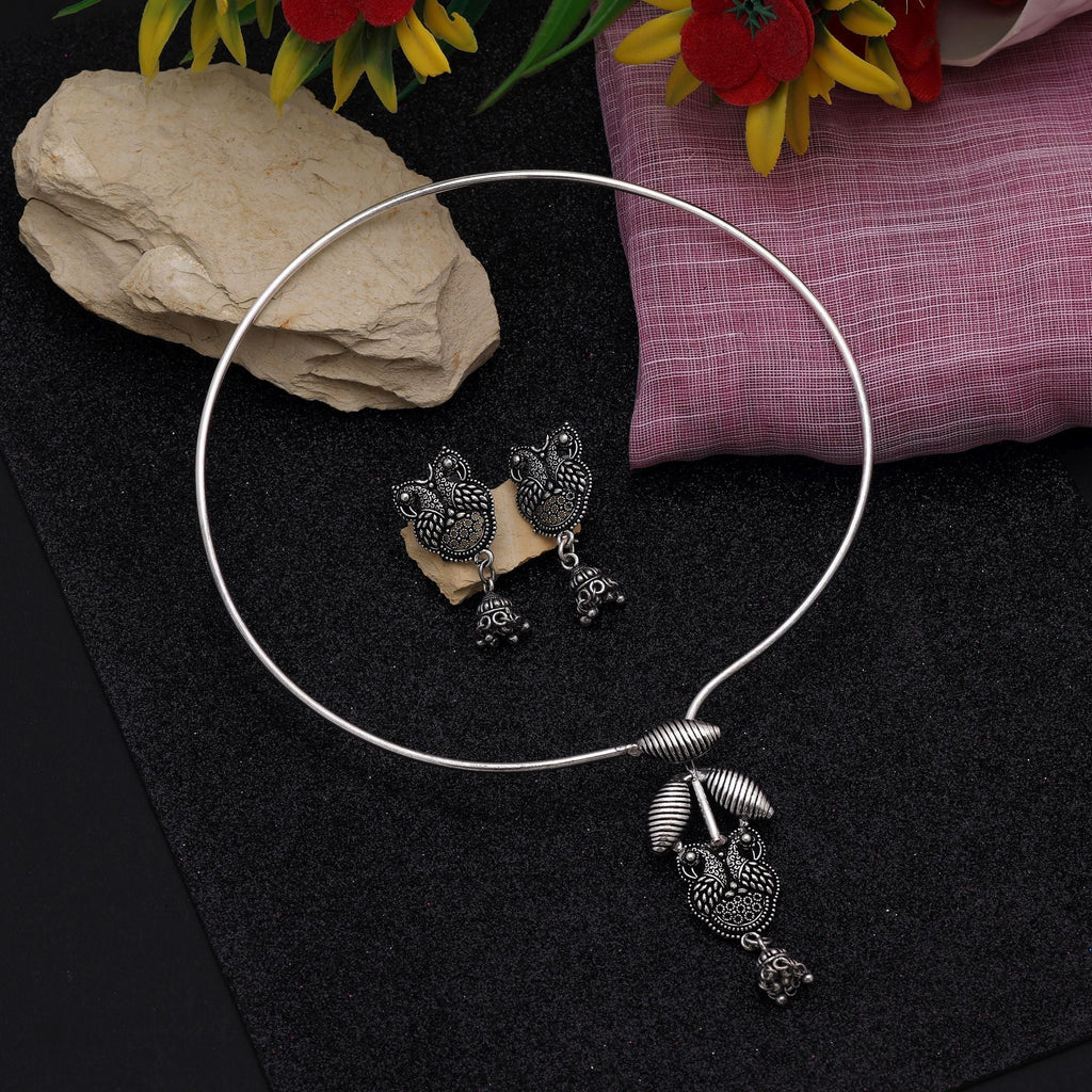 Stylish Silver Color Hasli Oxidised Necklace Set Designed For Women’S Ethnic Party Outfits
