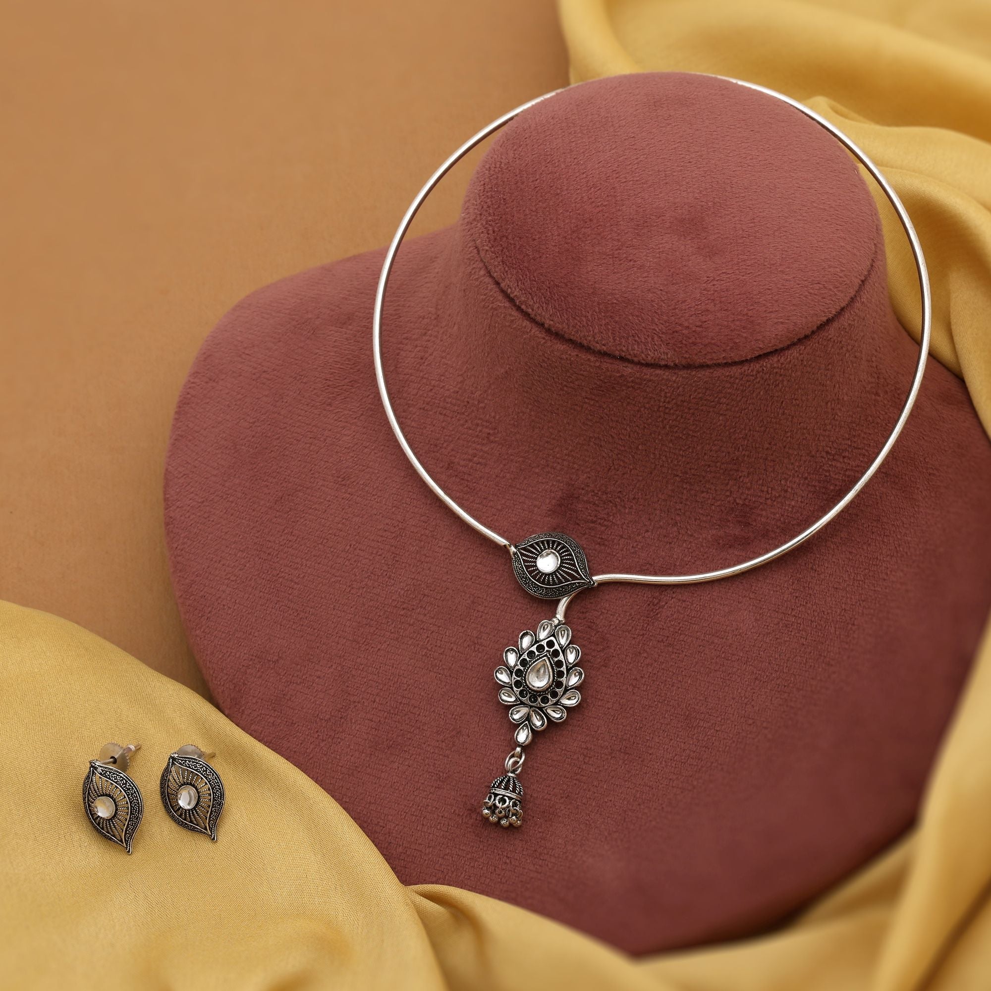 Stylish Silver Color Hasli Oxidised Necklace Set Designed For Women’S Party Wear And Cultural Dressing