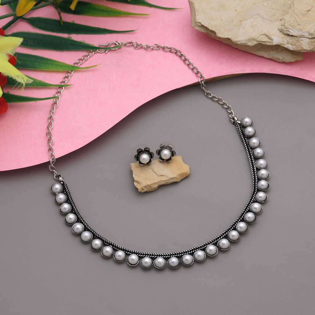 Classic Silver Color Oxidised Necklace Set Perfect For Festivals, Parties, And Wedding Occasions