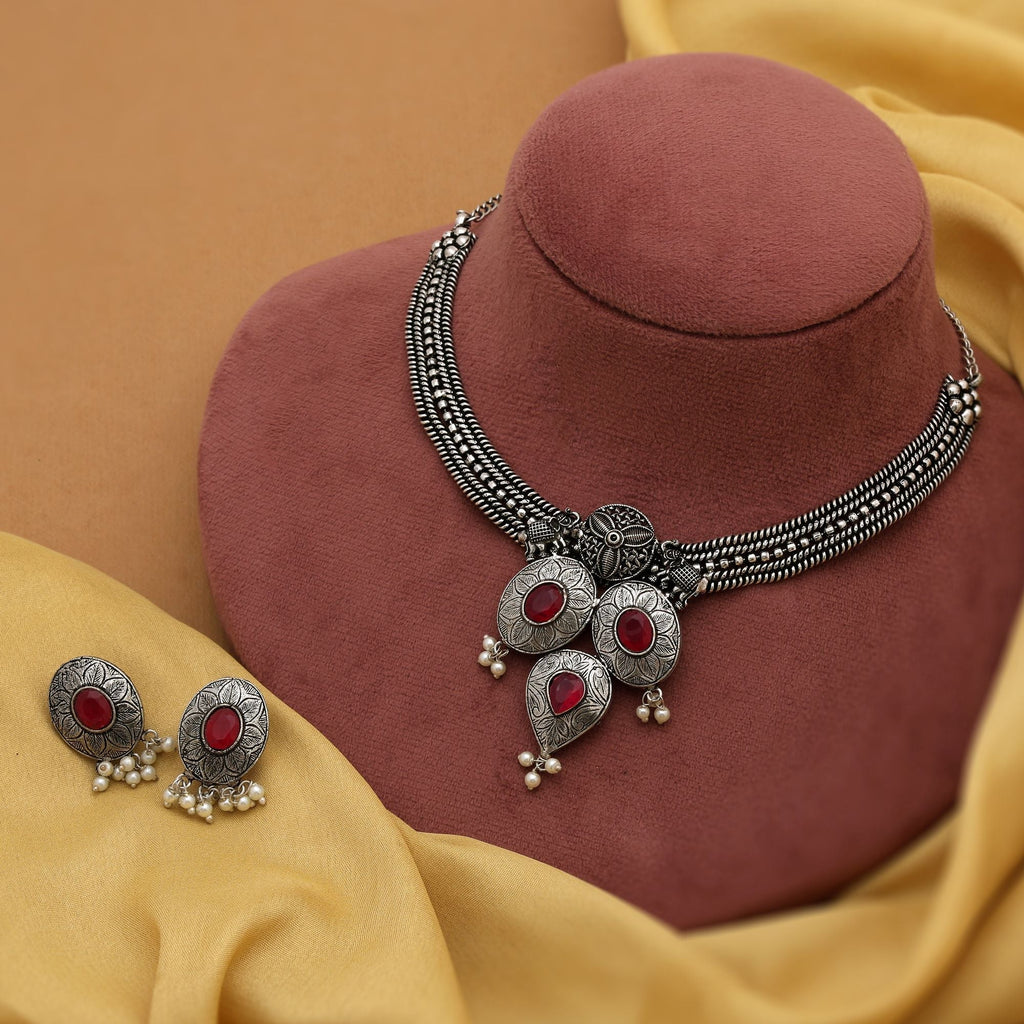 Attractive Rani Color Oxidised Necklace Set Crafted For Brides, Parties, And Traditional Festive Outfits