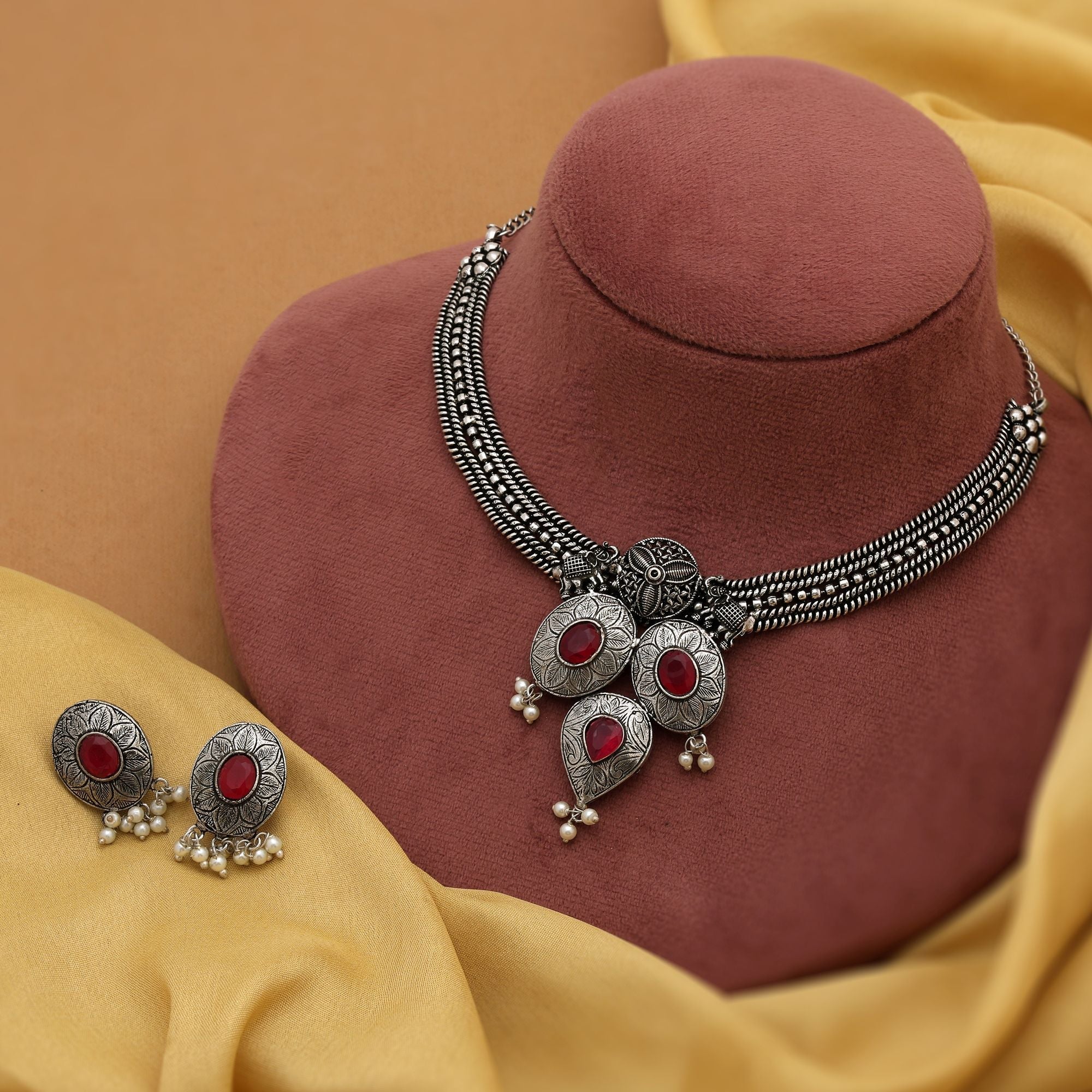 Attractive Rani Color Oxidised Necklace Set Crafted For Brides, Parties, And Traditional Festive Outfits