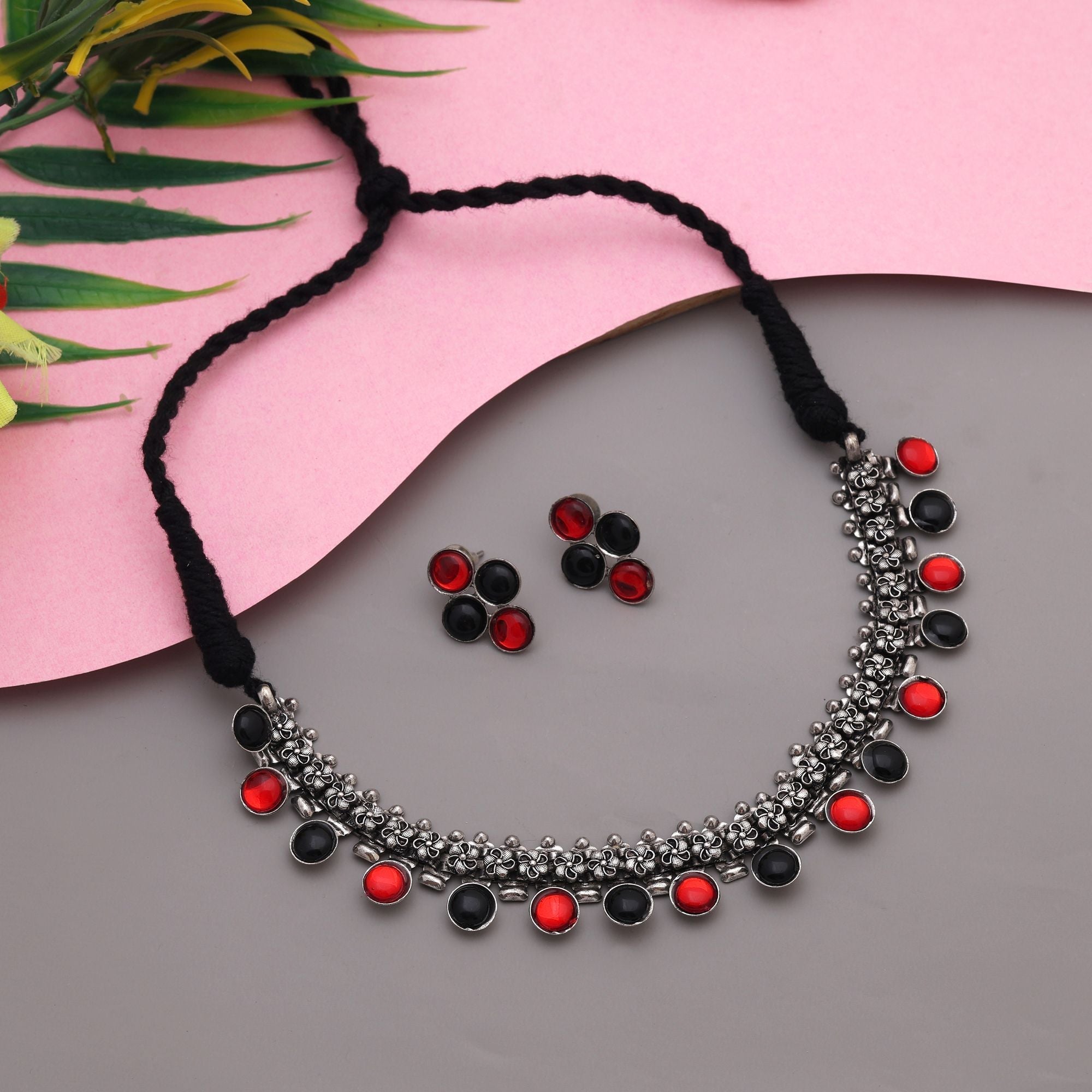 Stylish Red And Black Color Oxidised Necklace Set Perfect For Brides, Parties, And Celebrations