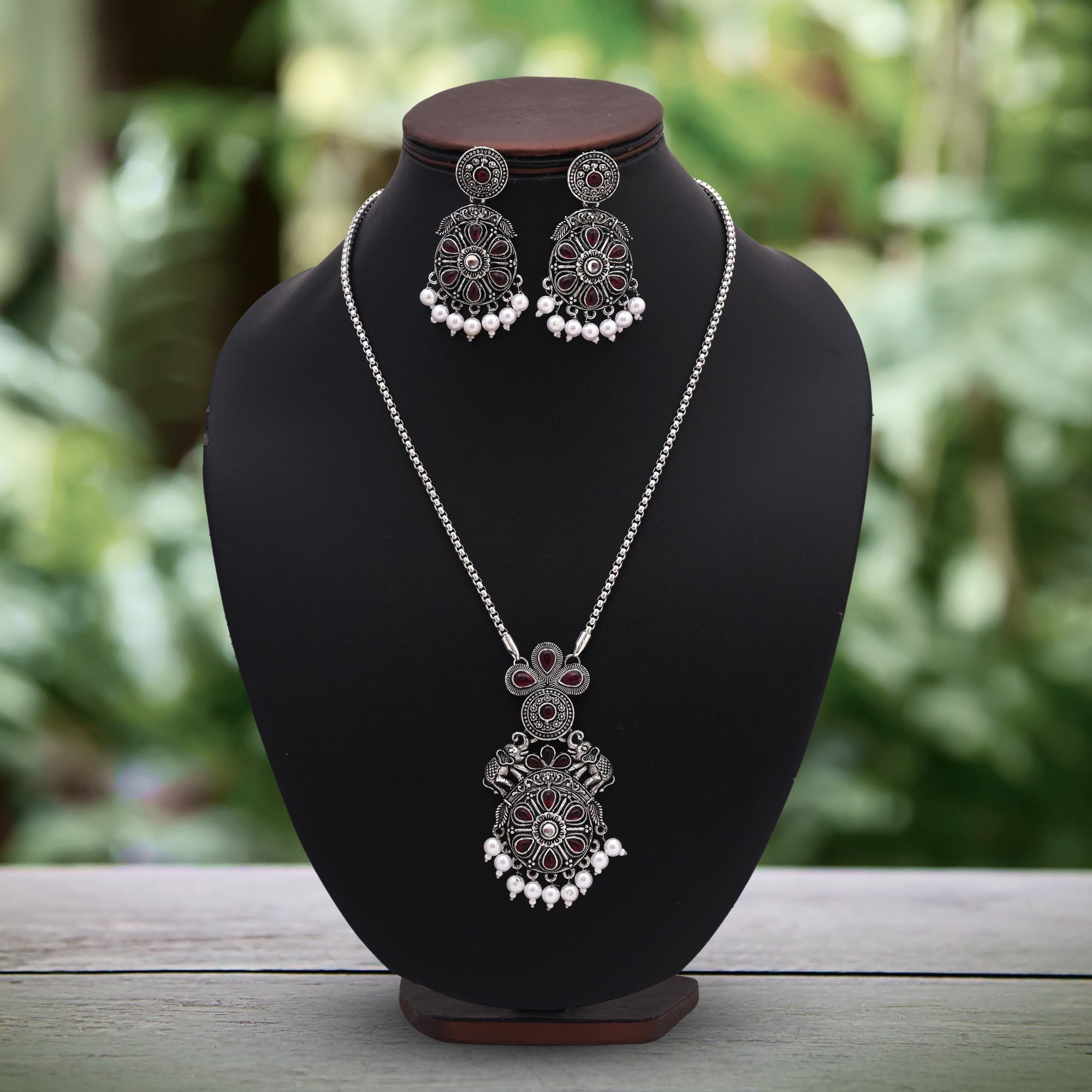 Gorgeous Maroon Color Oxidised Necklace Set With Classic Tribal Craft Design