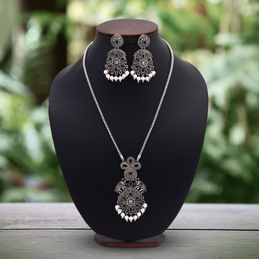 Traditional Rani Color Oxidised Necklace Set With Antique Silver Finish