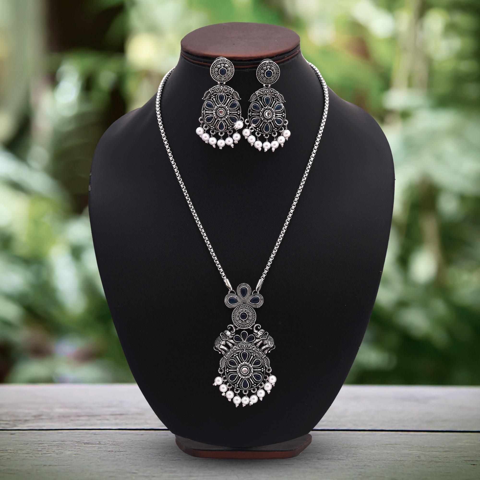 Elegant Turquoise Blue Color Oxidised Necklace Set For Modern Ethnic Look