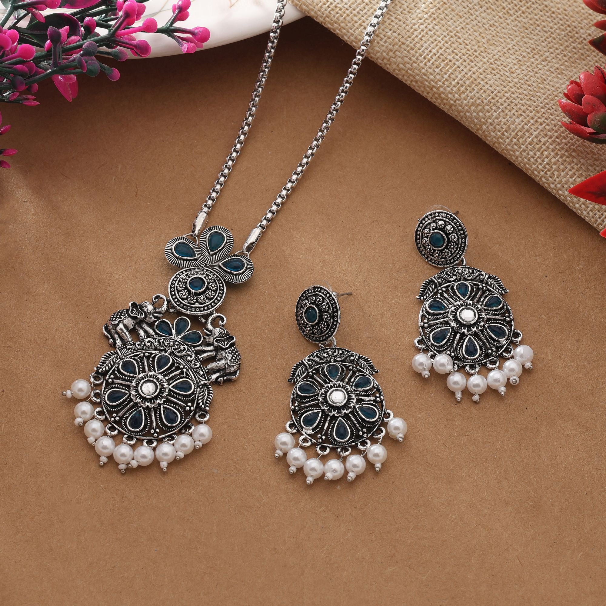 Elegant Turquoise Blue Color Oxidised Necklace Set For Modern Ethnic Look