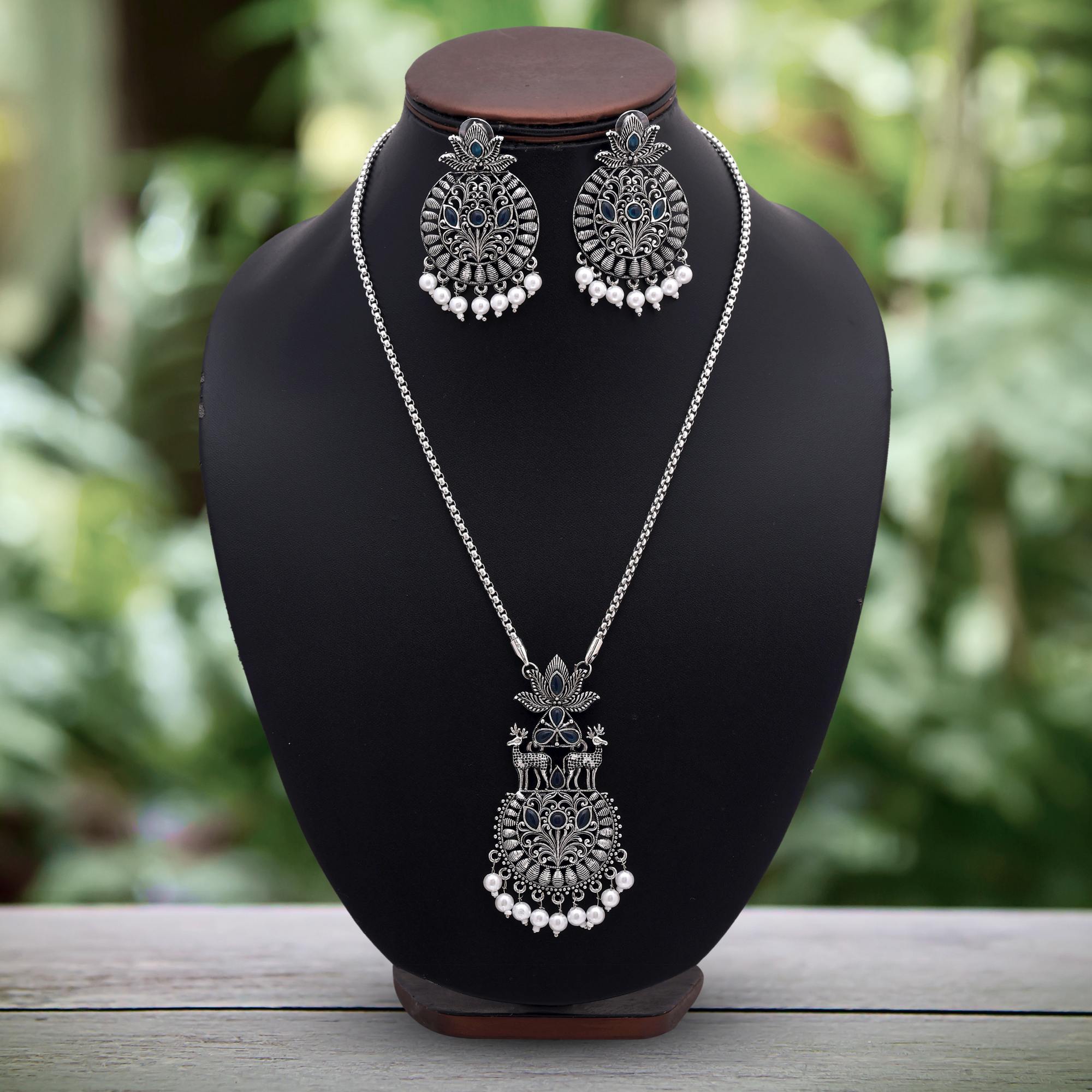 Stunning Turquoise Blue Color Oxidised Necklace Set With Ethnic Detailing