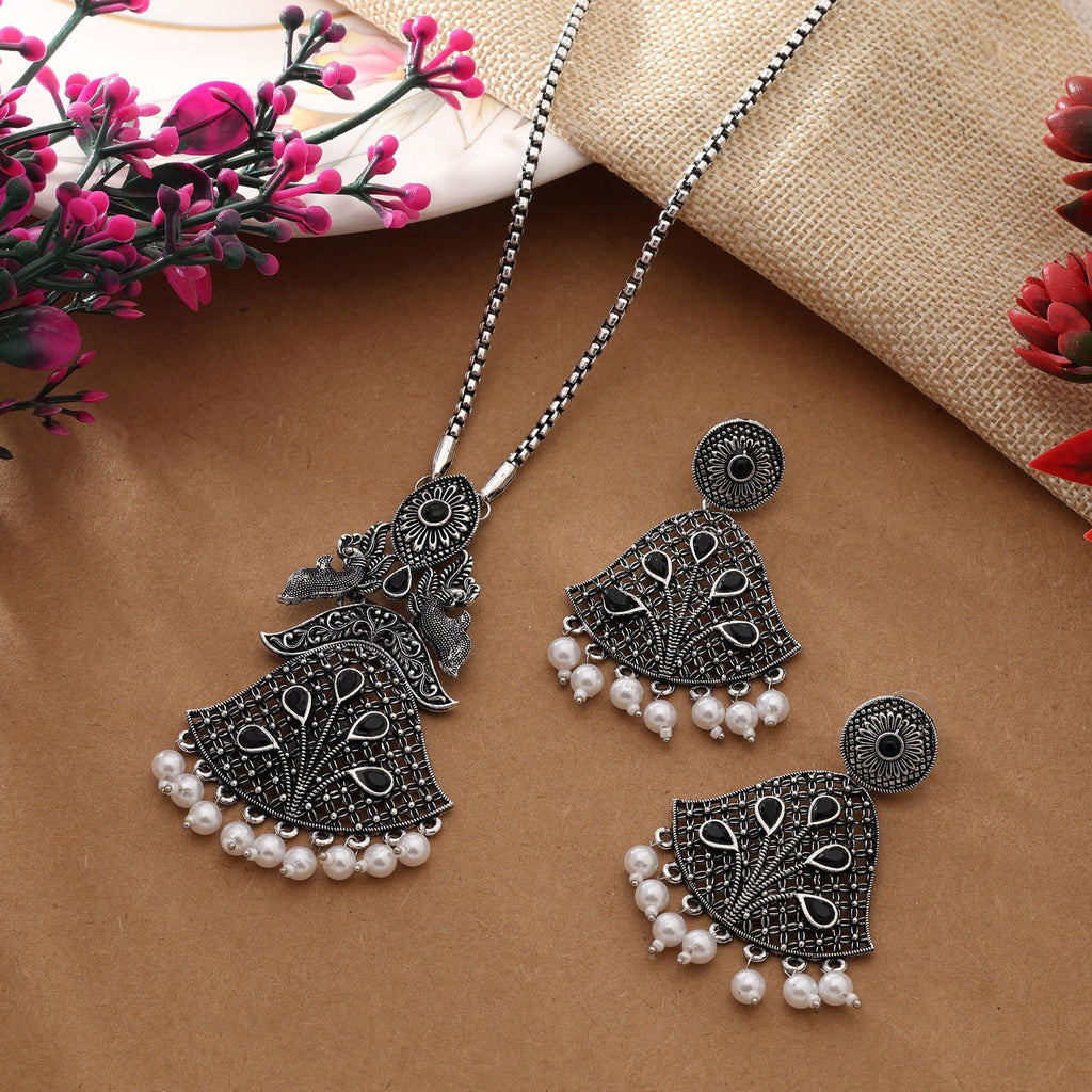 Chic Black Color Oxidised Necklace Set Perfect For Boho And Indo-Western Wear