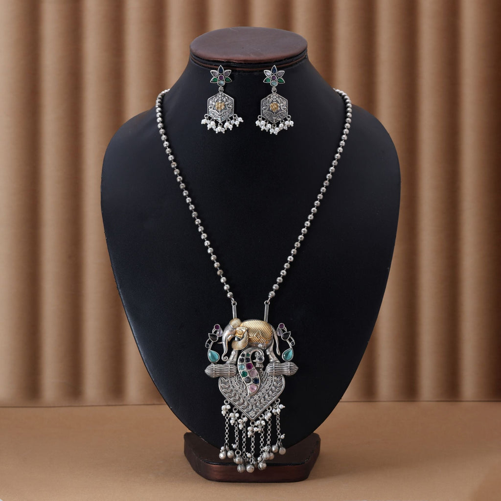 Multi Color Dual Tone Oxidised Necklace Set Featuring Vibrant Designs For Festive Traditional Styling