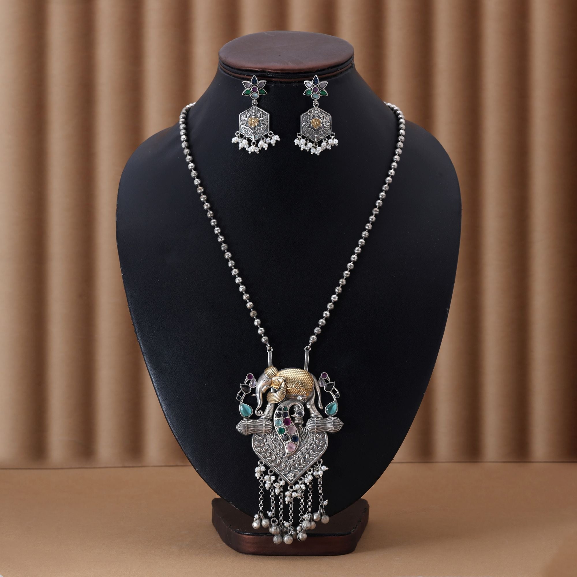 Multi Color Dual Tone Oxidised Necklace Set Featuring Vibrant Designs For Festive Traditional Styling