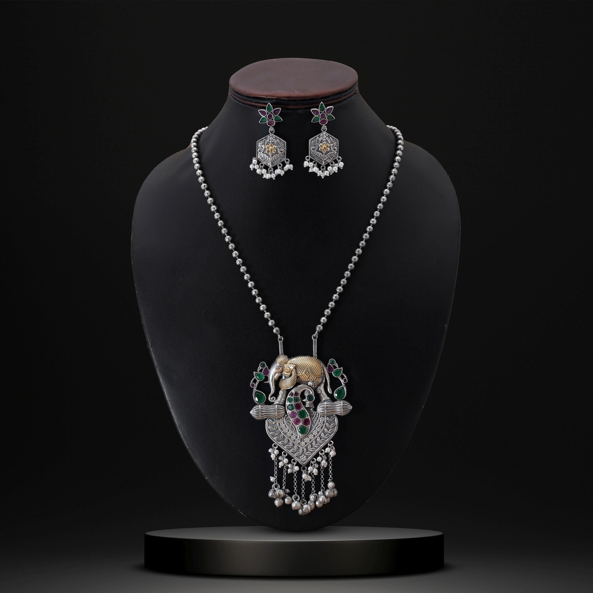 Rani & Green Color Dual Tone Oxidised Necklace Set With Beautifully Detailed Handcrafted Accents