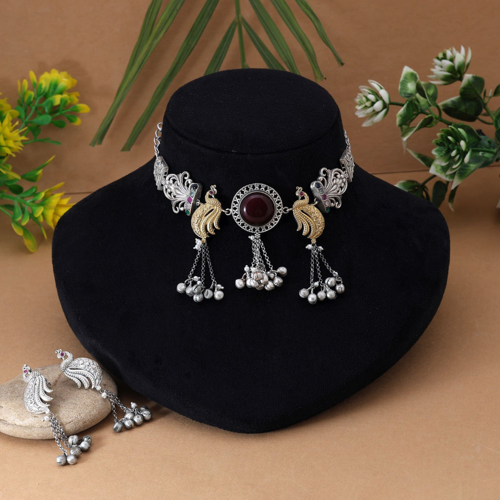 Multi Color Dual Tone Oxidised Necklace Set Crafted With Intricate Patterns For Elegant Wear
