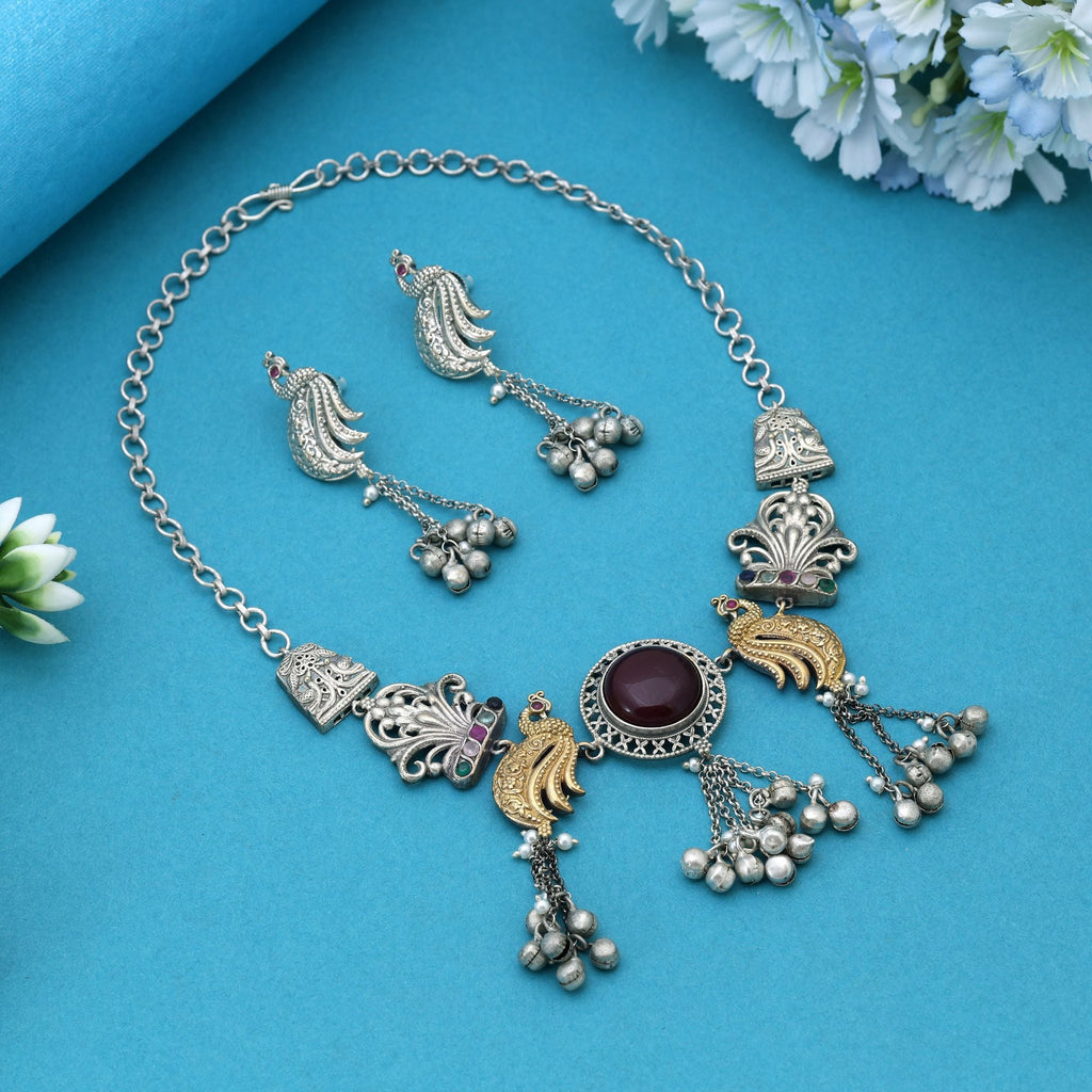 Multi Color Dual Tone Oxidised Necklace Set Crafted With Intricate Patterns For Elegant Wear