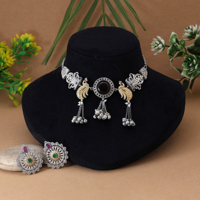 Multi Color Dual Tone Oxidised Necklace Set Enhanced With Artistic Motifs For Timeless Ethnic Charm