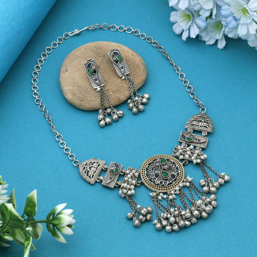 Multi Color Dual Tone Oxidised Necklace Set Designed For Bold Statement Traditional Fashion Appeal