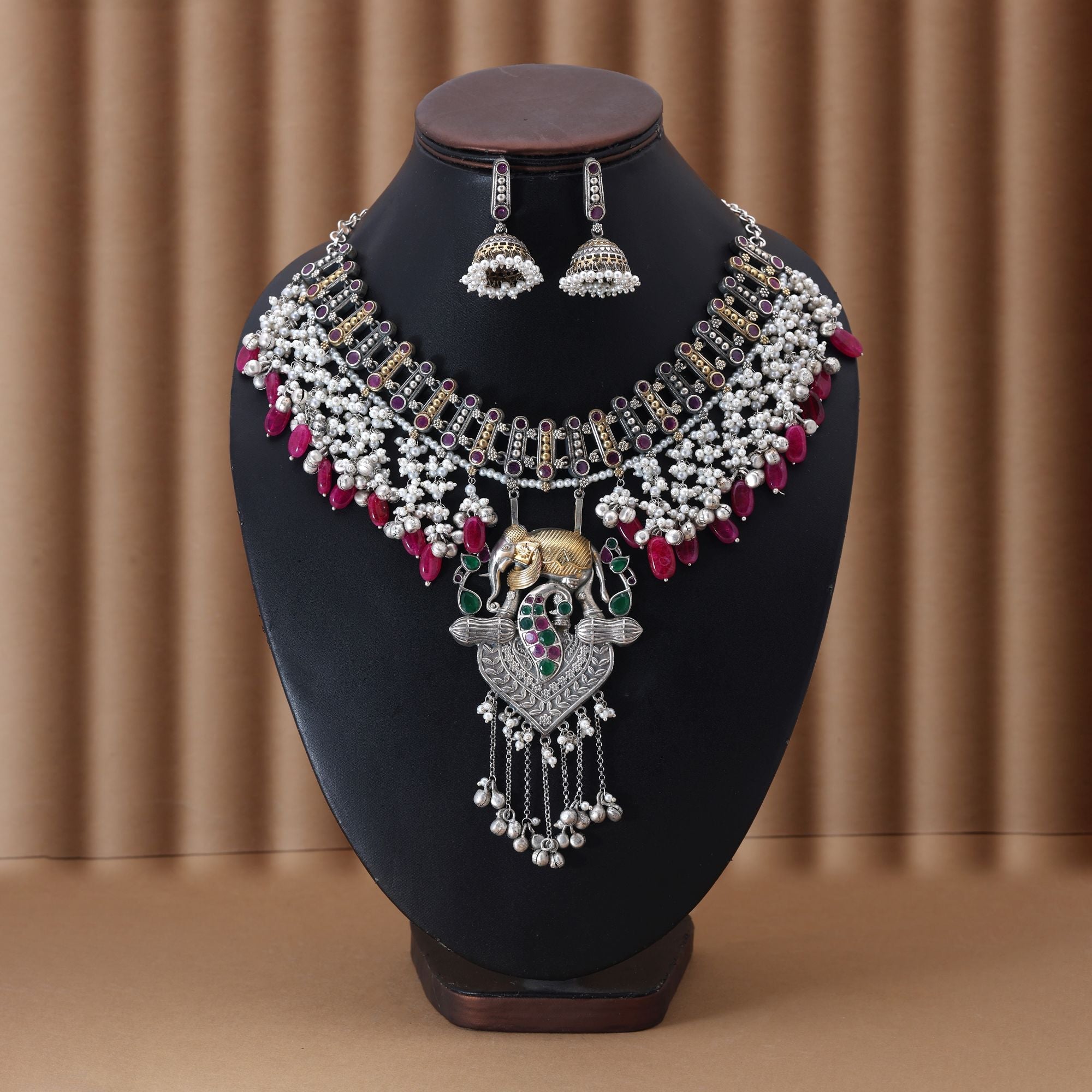 Rani & Green Color Dual Tone Oxidised Necklace Set Offering Regal Tones With Ornate Craftsmanship