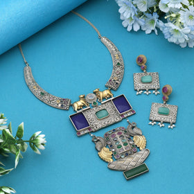 Multi Color Dual Tone Oxidised Necklace Set Reflecting Cultural Artistry With Striking Decorative Details