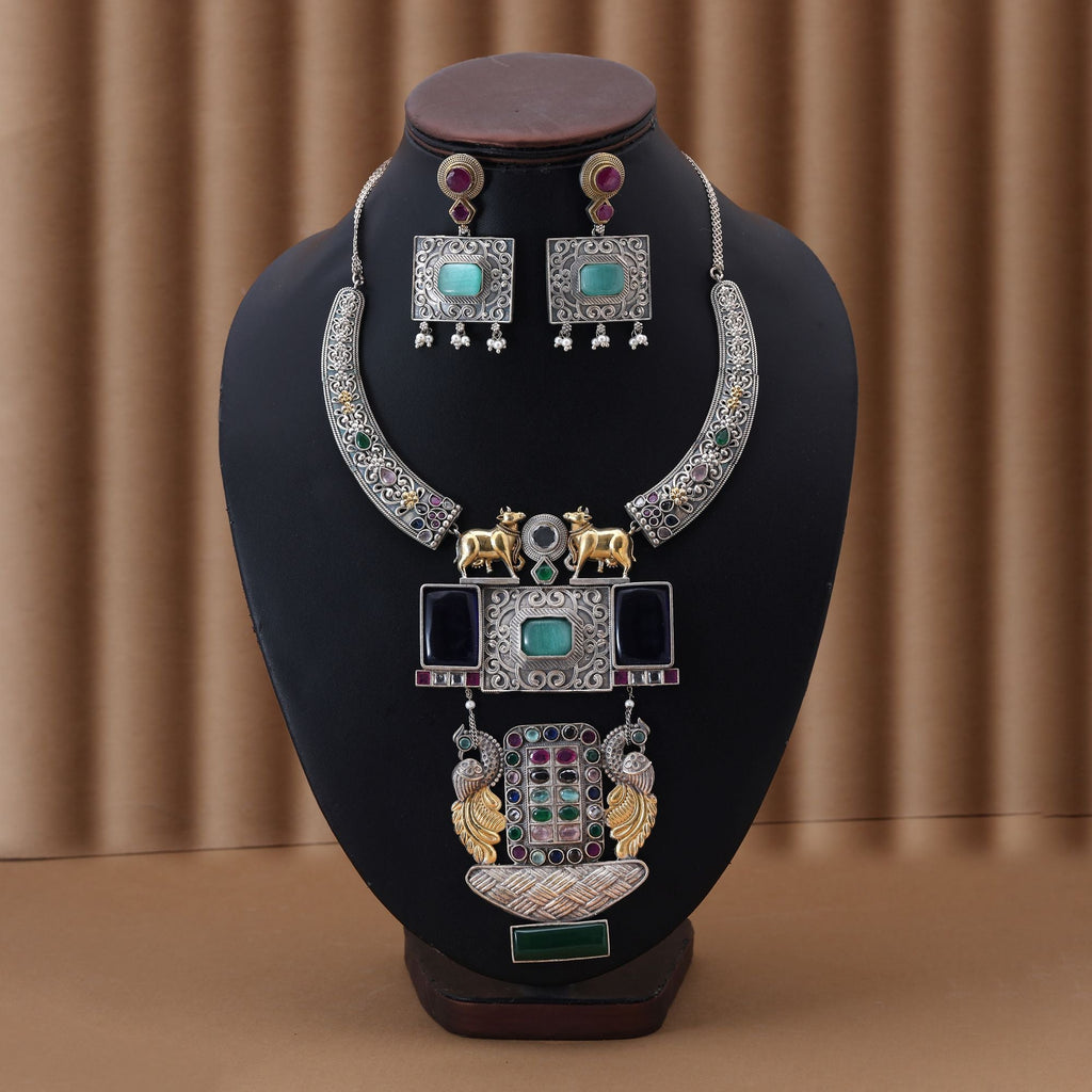 Multi Color Dual Tone Oxidised Necklace Set Reflecting Cultural Artistry With Striking Decorative Details
