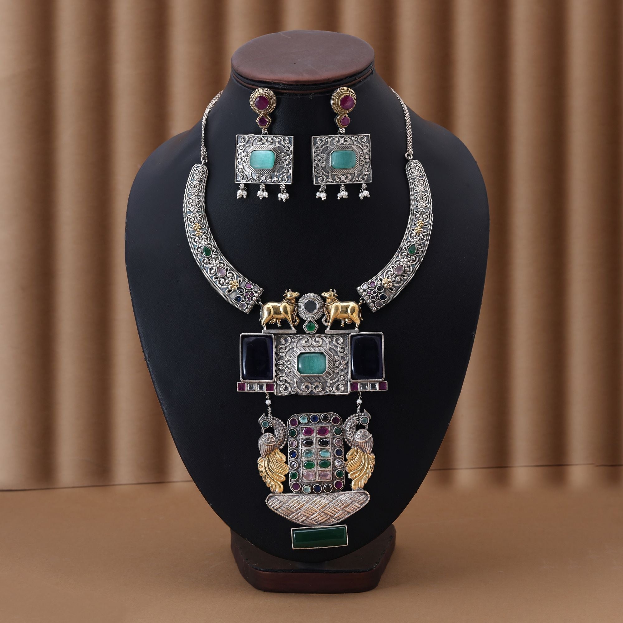 Multi Color Dual Tone Oxidised Necklace Set Reflecting Cultural Artistry With Striking Decorative Details
