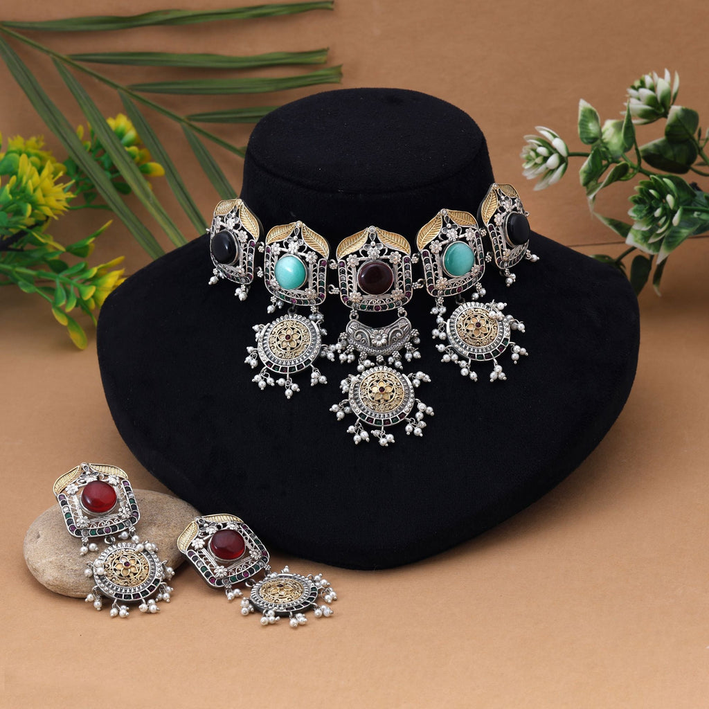 Multi Color Choker Dual Tone Oxidised Necklace Set Delivering Vibrant Festive Elegance With Oxidised Finish