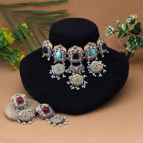 Multi Color Choker Dual Tone Oxidised Necklace Set Delivering Vibrant Festive Elegance With Oxidised Finish