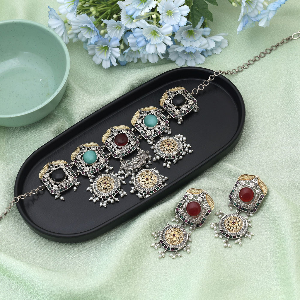Multi Color Choker Dual Tone Oxidised Necklace Set Delivering Vibrant Festive Elegance With Oxidised Finish