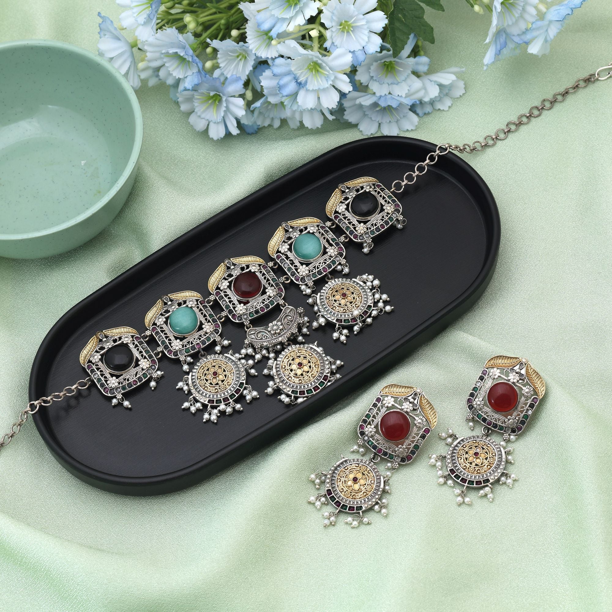 Multi Color Choker Dual Tone Oxidised Necklace Set Delivering Vibrant Festive Elegance With Oxidised Finish