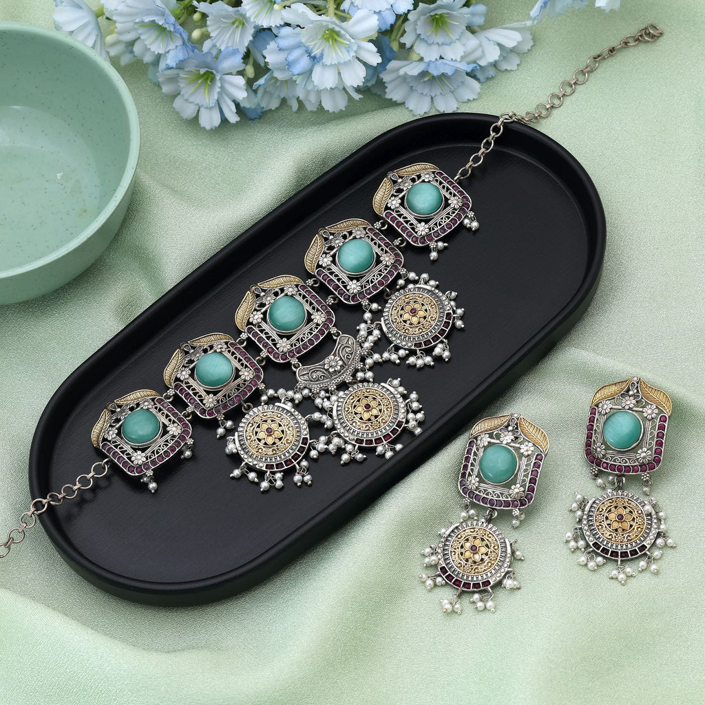 Pista Green Color Choker Dual Tone Oxidised Necklace Set Crafted For A Graceful Classic Look