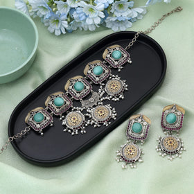 Pista Green Color Choker Dual Tone Oxidised Necklace Set Crafted For A Graceful Classic Look