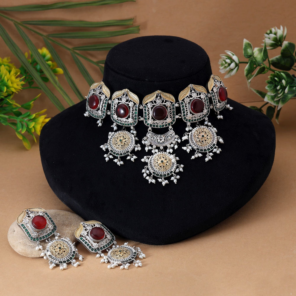 Red Color Choker Dual Tone Oxidised Necklace Set Showcasing Bold Hues And Refined Oxidised Work