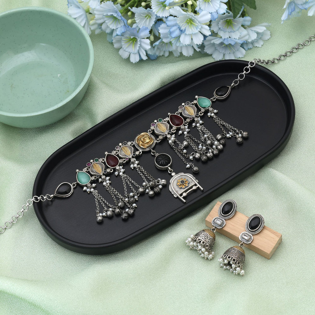 Multi Color Choker Dual Tone Oxidised Necklace Set Offering Colorful Charm With Meticulous Oxidised Detailing