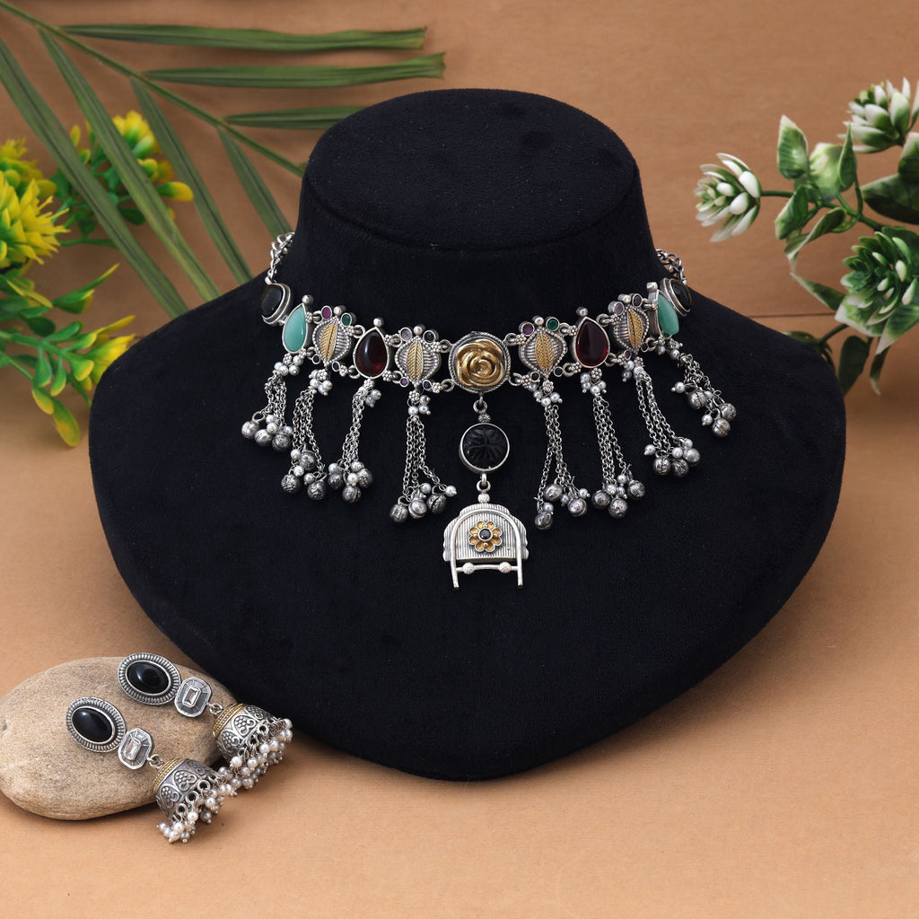 Multi Color Choker Dual Tone Oxidised Necklace Set Offering Colorful Charm With Meticulous Oxidised Detailing