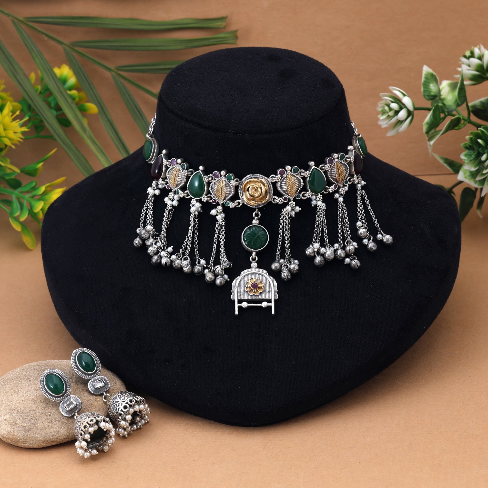 Maroon & Green Color Choker Dual Tone Oxidised Necklace Set Designed For Rich Traditional Festive Appearance