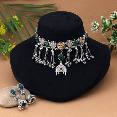 Maroon & Green Color Choker Dual Tone Oxidised Necklace Set Designed For Rich Traditional Festive Appearance
