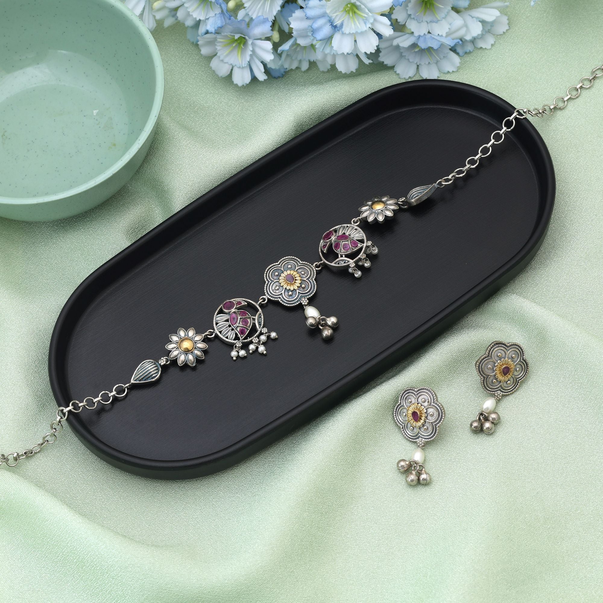 Rani Color Choker Dual Tone Oxidised Necklace Set Crafted With Bold Artistic Oxidised Metal Detailing