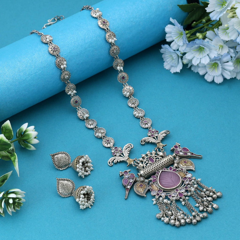 Light Pink & Rani Color Dual Tone Oxidised Necklace Set Blending Soft Tones With Exquisite Oxidised Styling