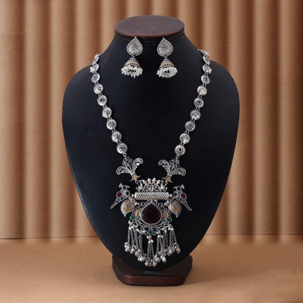 Multi Color Dual Tone Oxidised Necklace Set Created For Versatile Styling With Intricate Traditional Artistry