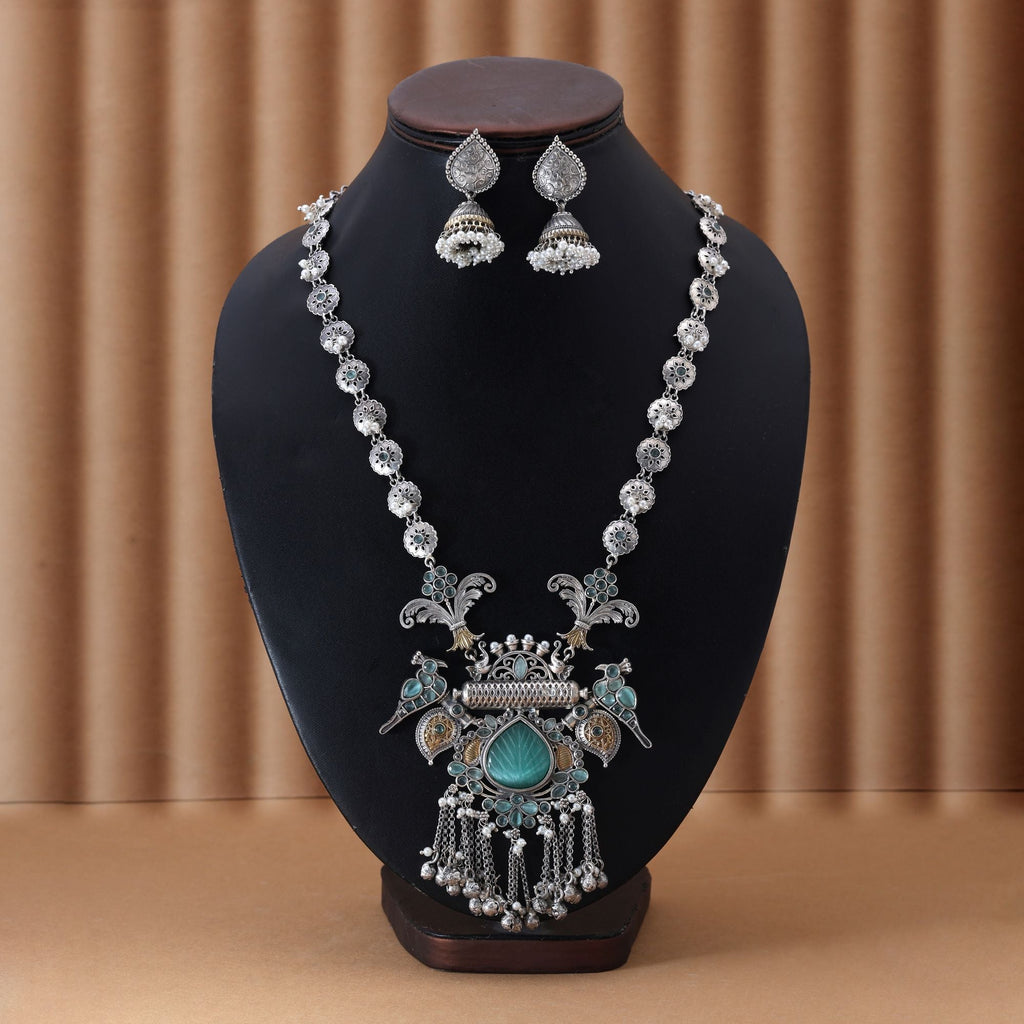 Pista Green Color Dual Tone Oxidised Necklace Set Infused With Refreshing Tones And Detailed Metalwork