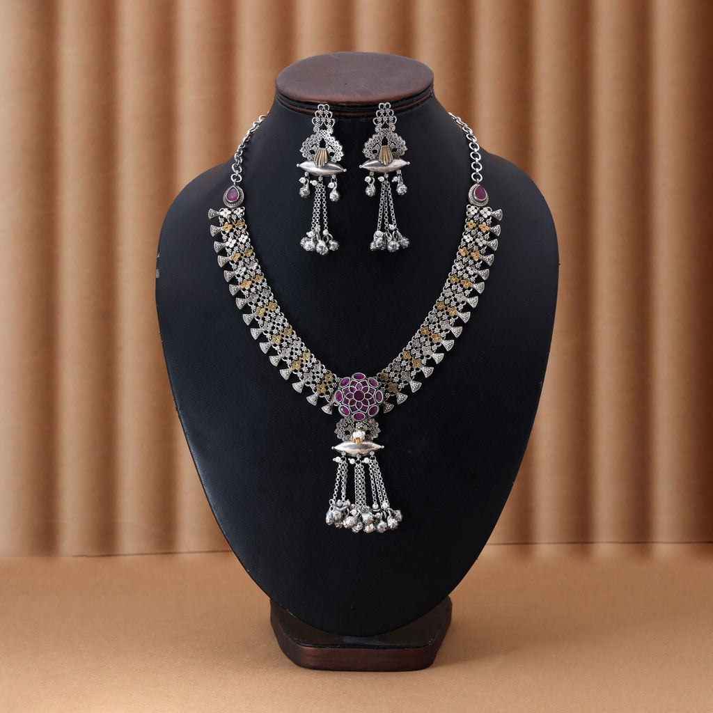 Rani Color Dual Tone Oxidised Necklace Set Enriched With Vibrant Hues And Elegant Oxidised Craftsmanship