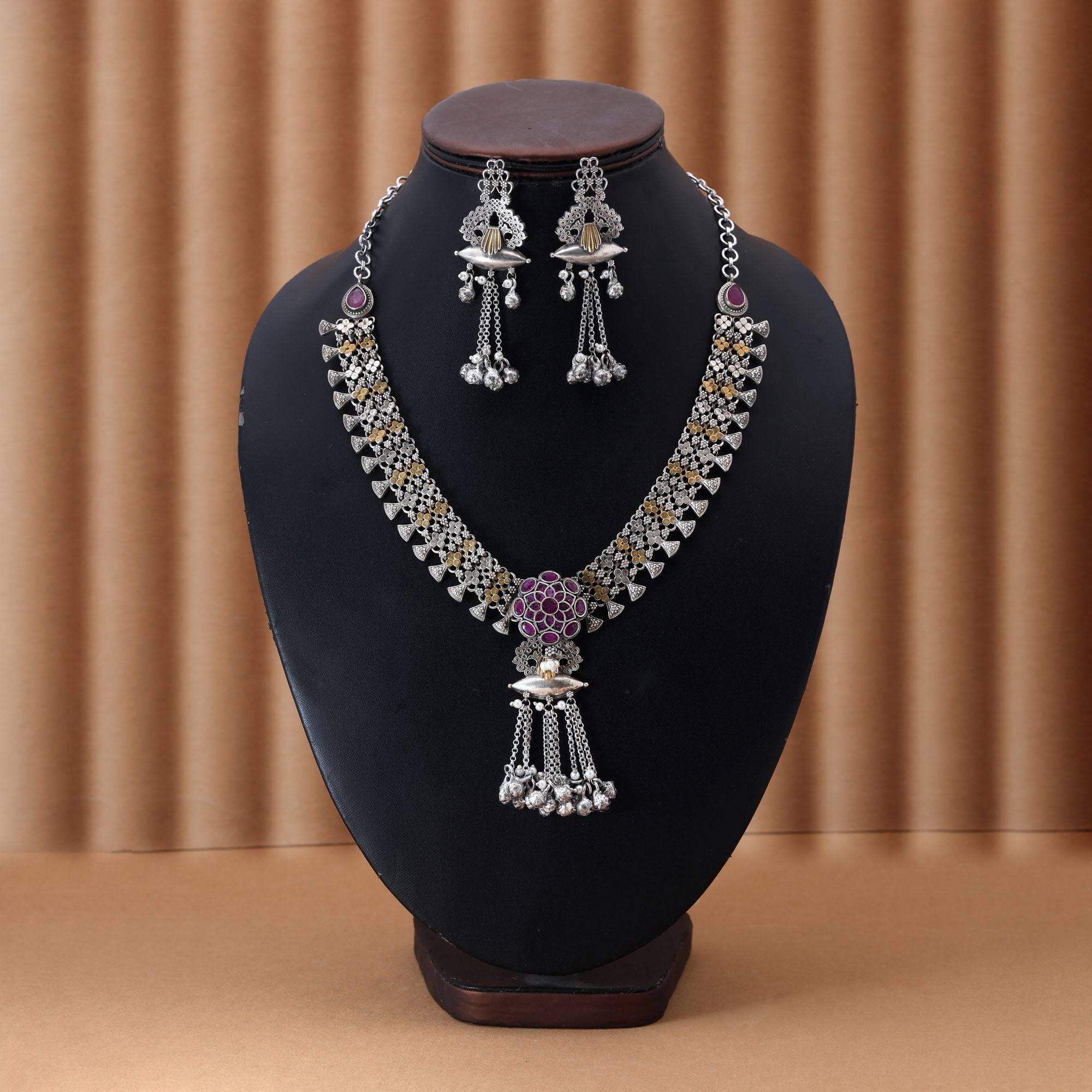Rani Color Dual Tone Oxidised Necklace Set Enriched With Vibrant Hues And Elegant Oxidised Craftsmanship