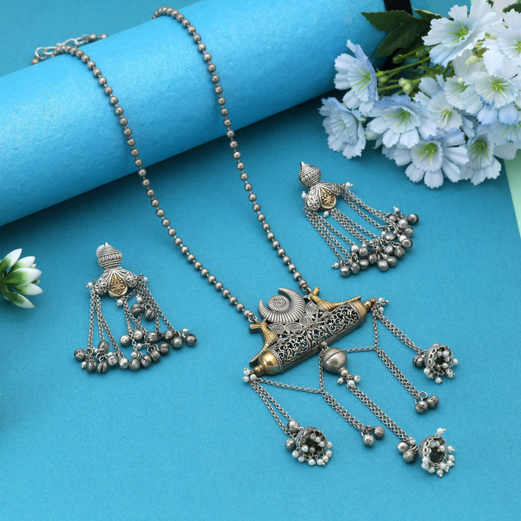 Silver Color Dual Tone Oxidised Necklace Set Featuring Classic Metallic Tones With Ornate Oxidised Texture