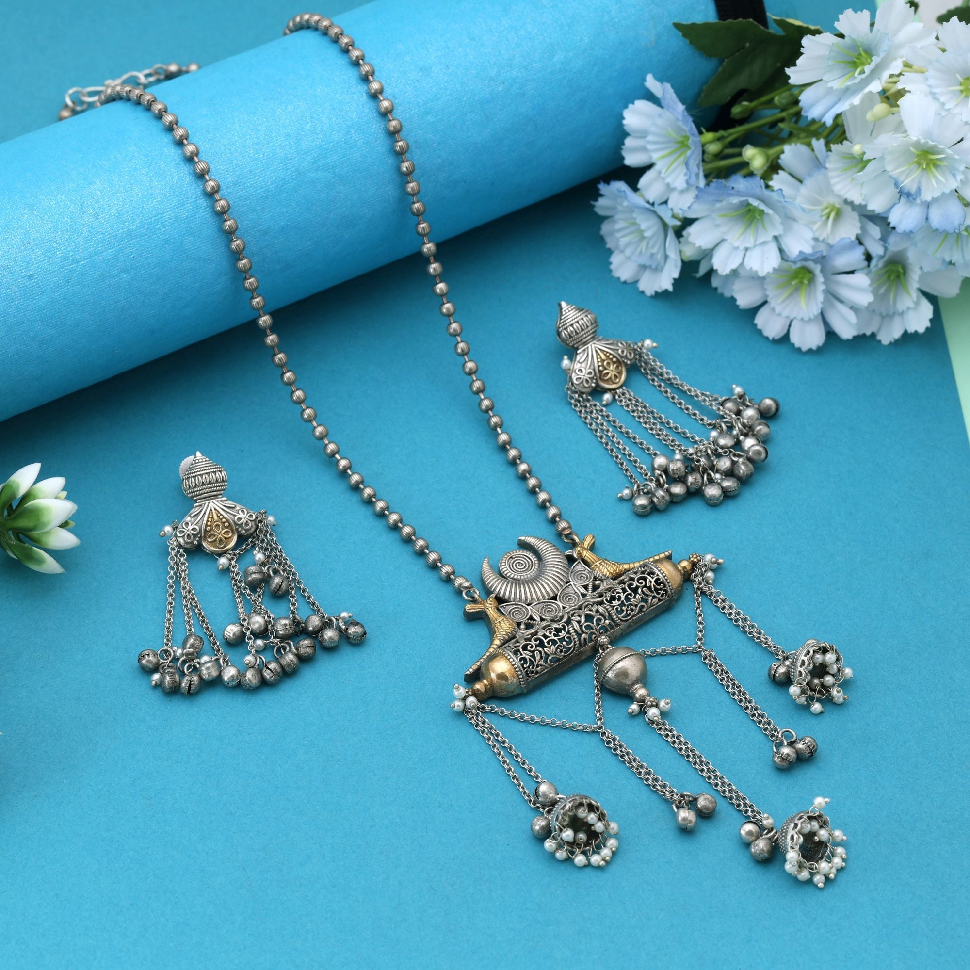 Silver Color Dual Tone Oxidised Necklace Set Featuring Classic Metallic Tones With Ornate Oxidised Texture