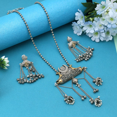 Silver Color Dual Tone Oxidised Necklace Set Featuring Classic Metallic Tones With Ornate Oxidised Texture