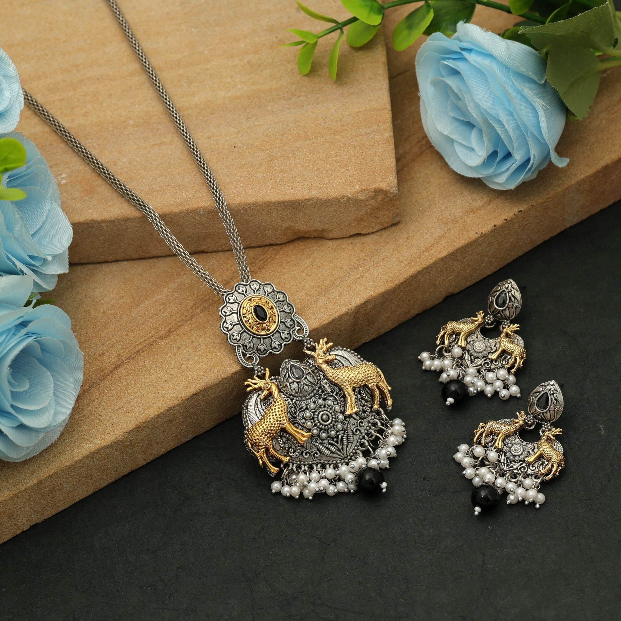 Black Color Dual Tone Oxidised Necklace Set Stylish