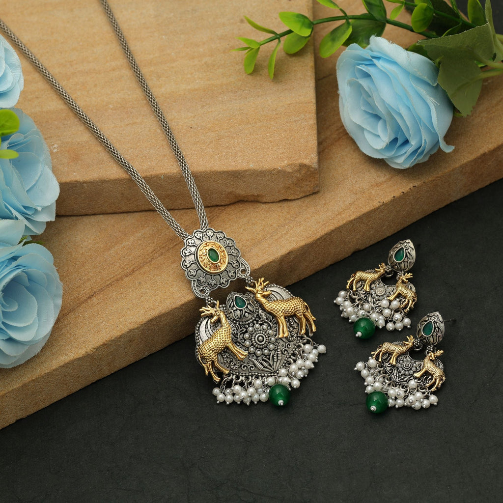 Green Color Dual Tone Oxidised Necklace Set Vintage