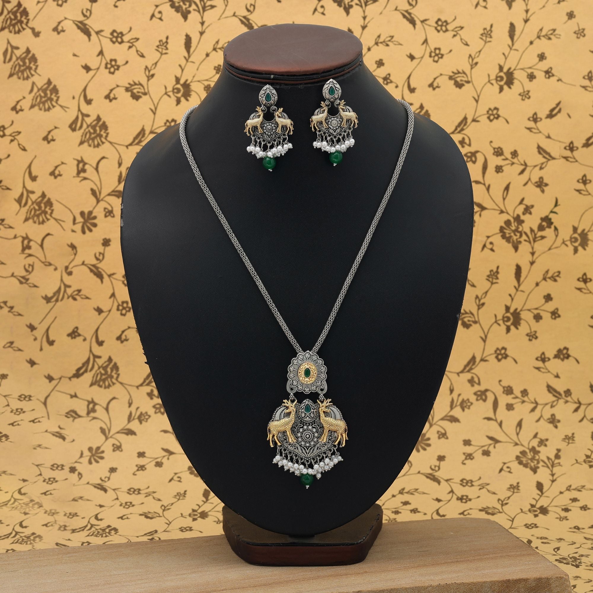 Green Color Dual Tone Oxidised Necklace Set Vintage