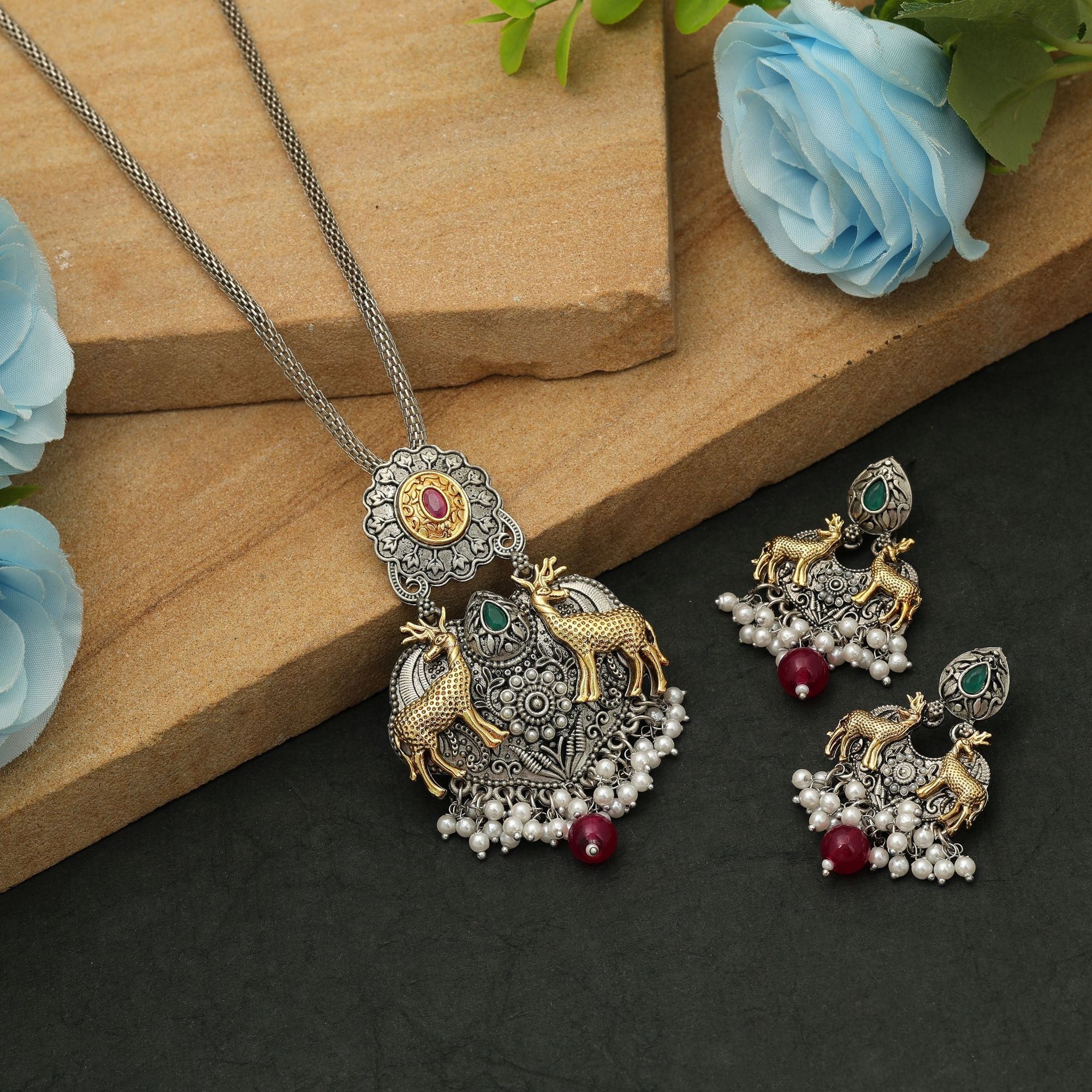 Maroon & Green Color Dual Tone Oxidised Necklace Set Festive
