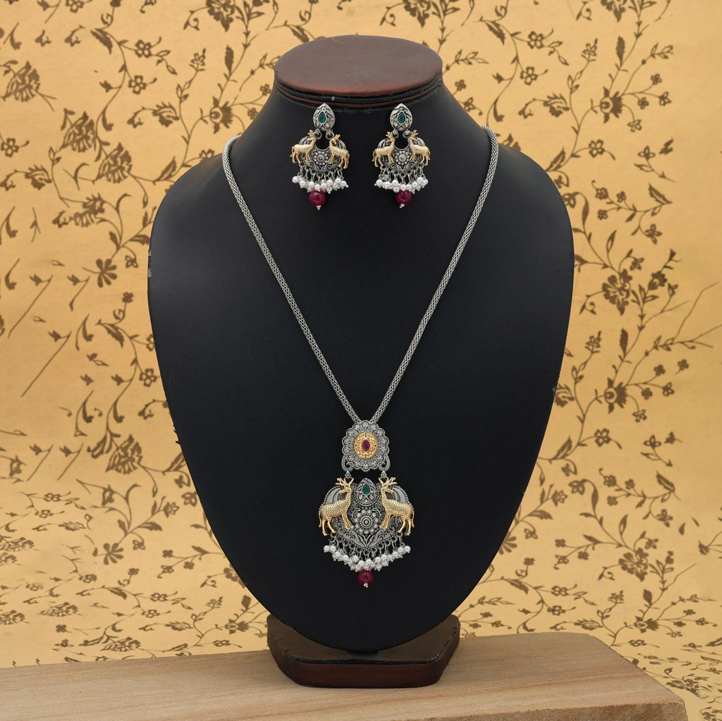 Maroon & Green Color Dual Tone Oxidised Necklace Set Festive