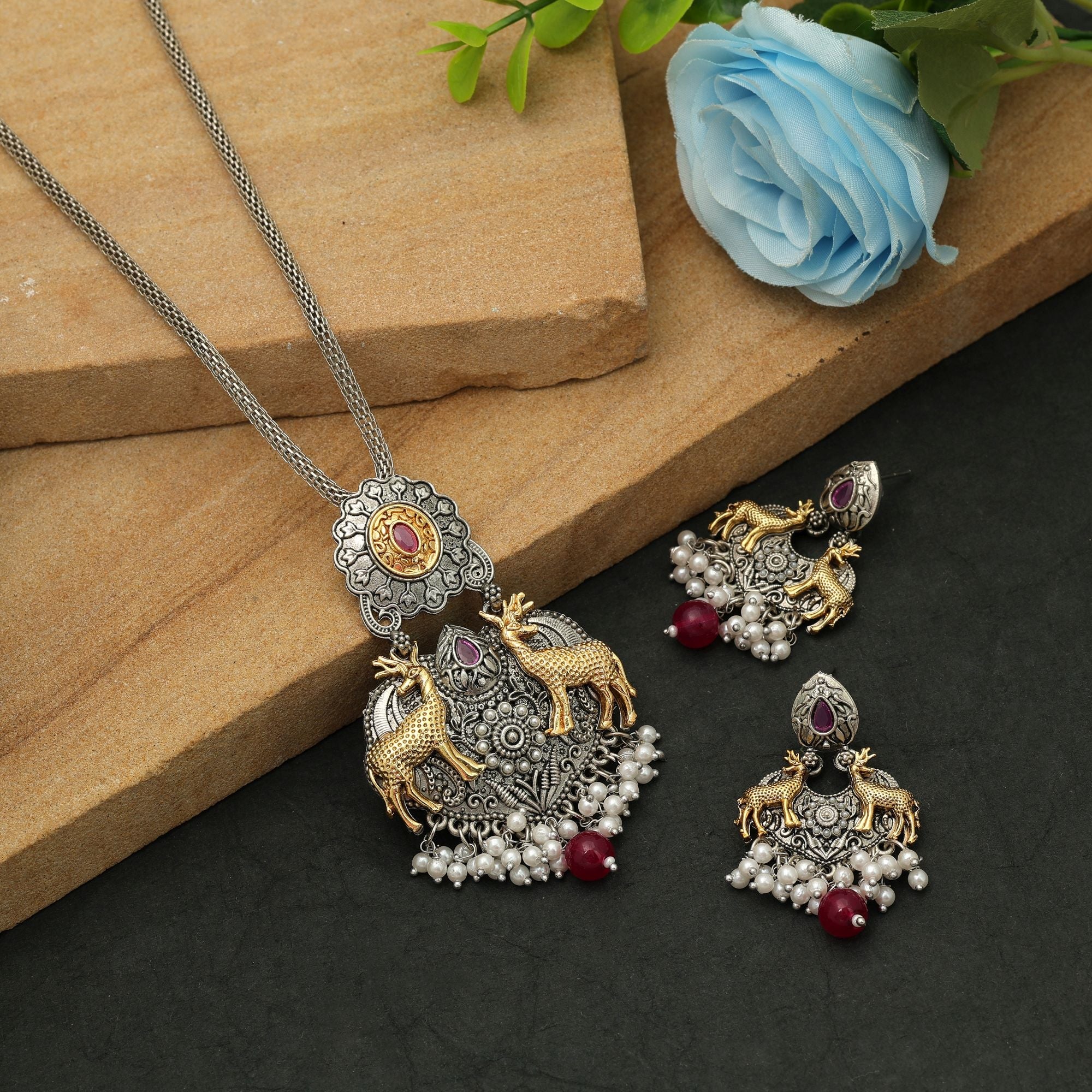 Maroon Color Dual Tone Oxidised Necklace Set Antique